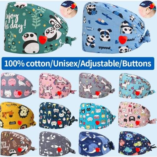 New High Quality Multicolor printing sweat-absorbent Scrub hats Beautician working hat men and women spa adjustable Scrubs caps