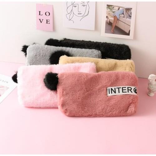 1Pc Cute Plush Ball Pencil Bag Student Pen Storage Cosmetic Lipstick Case School Office Stationery Supplies for Winter Girl Gift
