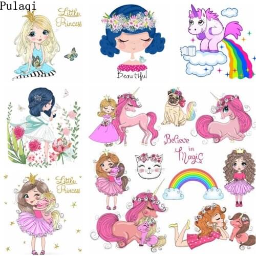 Pulaqi Iron Heat Transfer Vinyl Patch Unicorn Girl Iron on Transfers Patches for Clothes Thermal Applique Shirt Wholesale Badge