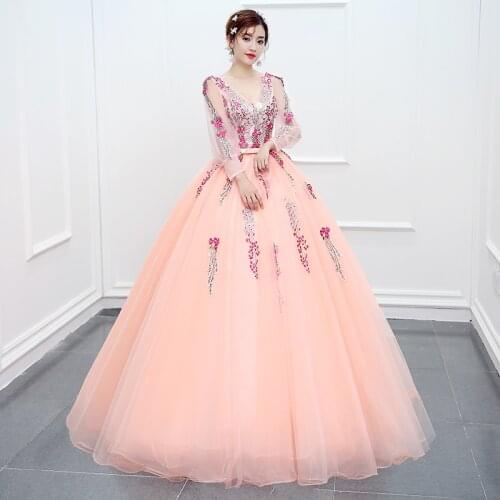 V-neck Vestidos Quinceanera Dresses 2021 Three Quarter Sleeve Party Dress Vintage Ball Gown Plus Size Prom Dress Robe De Bal