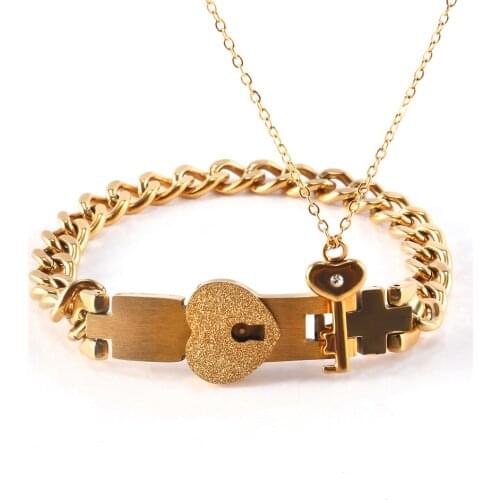 Jewelry Bracelet Necklace Couple Sets Women Men Heart Shape Concentric Lock Key Stainless Steel Valentines Day Gift Accessories
