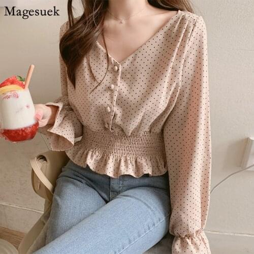 2021 Spring Loose Chiffon Blouse Shirt Women Flare Sleeve V-neck Polka Dot Women Shirt Tops Office Ladies Blouses Blusas 6602