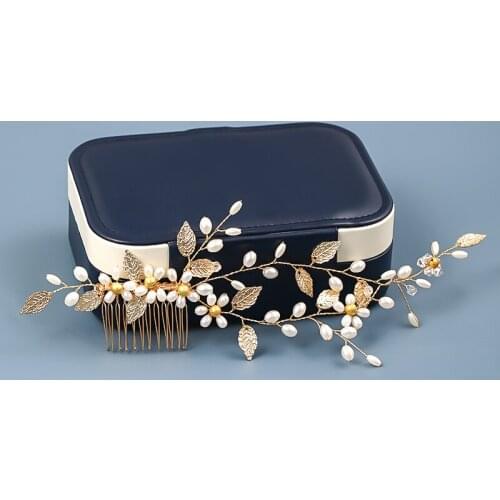 Handmade Gold Vintage Women Hair Jewelry Long Pearl Flower Leaves Tiara Hair Combs Clips Bridal Wedding Hair Ornaments Pageants