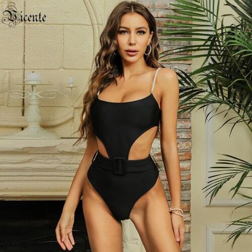 VC WomenS Swimsuit Solid Color Pearl Shoulder Strap Square Neck Waist Hollow Belt Design Bandage One-Piece Bikini Swimsuit