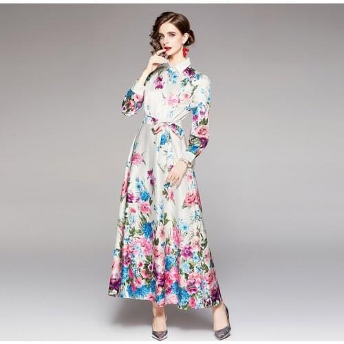 Autumn Fashion Runway Overlays Flower Maxi Dresses Womens Long Sleeve Floral Print Holiday Long Pleated Vestidos k9802