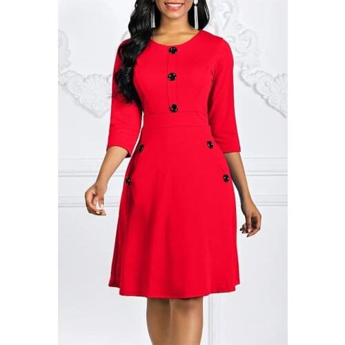 2021 Plus Size Womens Solid Color Dress O- Neck Three-quarter Sleeves A-line Midi Dress Slim Button Waist Casual Party Dress