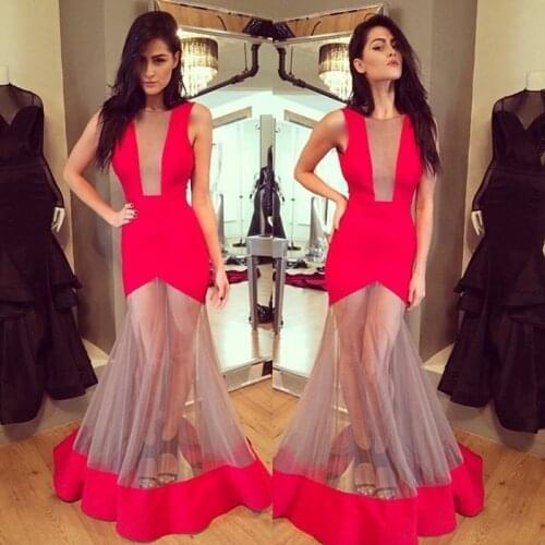 Sexy Mermaid Sleeveless Red See Through Prom Dress Long Formal Party Evening Gowns Custom Make Size 2 4 6 8 10 12 14 16