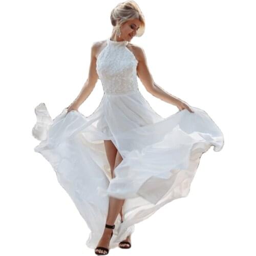 2020 Wedding Dress A-Line Bohe Bridal Gown Chiffon Lace Appliques Floor Length Custom Made Robe De Marie White Halter Gorgeous