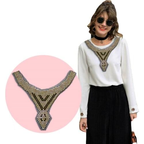 1piece Beaded Rhinestones Neckline Collar Embroidery Applique Cord Crystal Patches Sewing Accessories for Clothes T1595