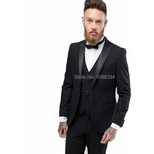 2018 Custom Made Groomsmen Peaked Lapel Groom Tuxedos Black Men Suits For Wedding Best Man Blazer (Jacket+Pants+Tie+Vest)