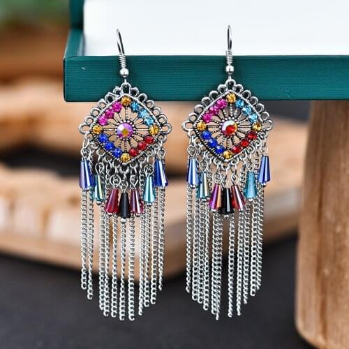 2020 Womens Geometric Silver Color Chain Tassel Hanging Dangle Earrings Tibetan Jewelry Bohemia Crystal Jhumka Earrings