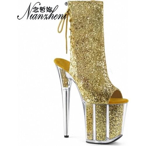 Flash powder Bling 20CM Super heels Thick platform Hollow Hollow 8 inches Novelty Models Open Toe Low tube Ankle Stripper Boots