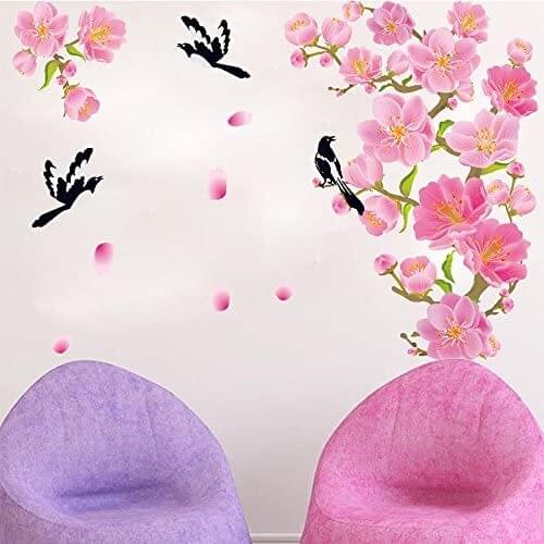 Large Pink Flower Magpie Bird Wall Decal Sticker Home Decor Vinyl Art