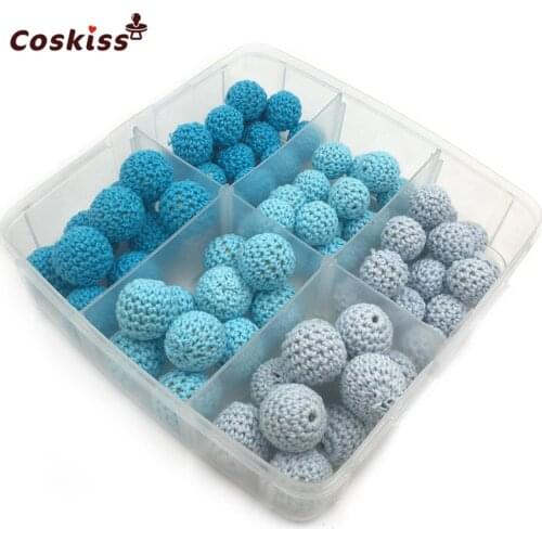 75pcs Blue Series Crochet Beads Round Wooden Teething Crochet Beads Eco-friendly Necklace/Bracelet Baby Teether Jewelry Kit