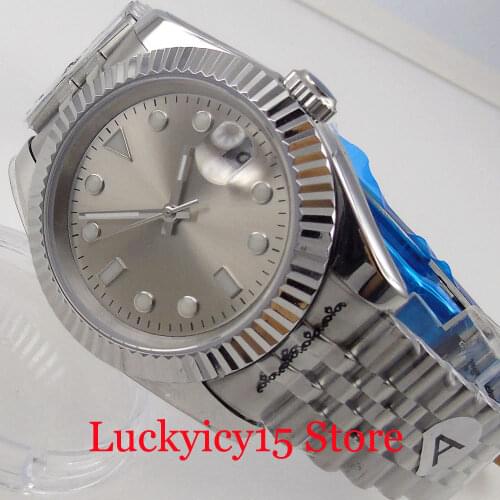 BLIGER Fluted Bezel 36MM/39MM Automatic Men Watch MIYOTA 8215 Grey Dial Jubilee Steel Bracelet Date Magnifier