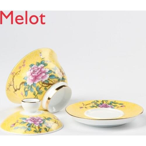 Porcelain Gaiwan Tea Set Hand Painted Gradient Pastel Rolling Porcelain Sancai Gaiwan Tea Cup Large Size Tea Brewing Tea Bowl