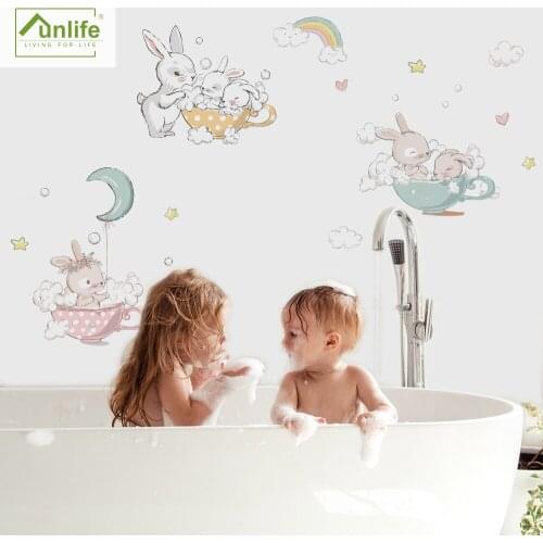 Funlife® Bunnies Take Bath Nursery Wallpaper Decorative Home Wall Stickers Self-Adhesive Eco-friendly PVC Wall Decals Bathroom