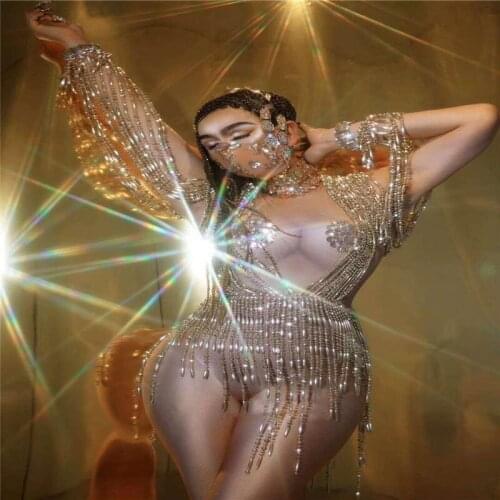 H02 Host stage dance costumes pole dance dress pearl tassel bodysuit sexy singer wear shinning sequin chain leotard tights disco