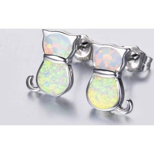Dainty White Blue Opal Earrings Charm Small Cat Stud Earrings For Women Engagement Jewelry Vintage Silver Color Wedding Earrings