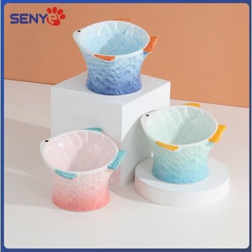 Gradient Ceramic Double Bowl Rice Bowl With High Feet Protect The Cervical Spine For Cats And Dogs Pet Accessories