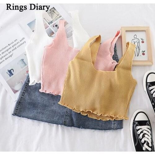 Rings Diary Female U Neck Crop Tops Female Simple Summer Camisoles Lady Underwear Crop Top Femme Flounce Hem Tank Tops Women