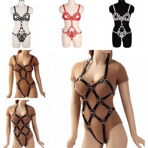 Sexy Lingerie Set Punk Leather Tops Metal Chain Gothic Style Harness For Women Belt Waist Size Suspender Costume Pole Dance
