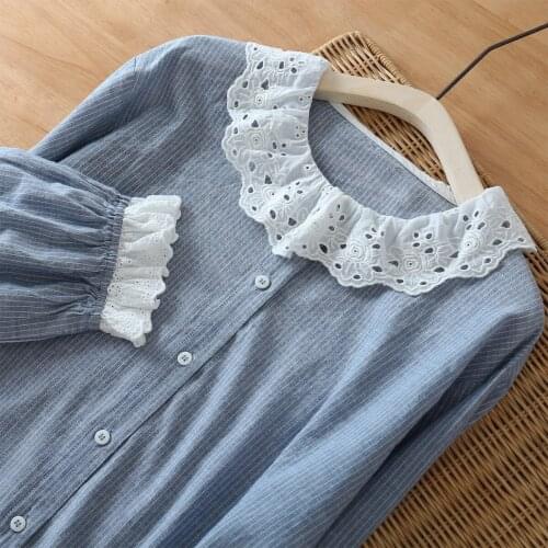 Lamtrip Unique Striped Hollow Peter Pan Collar Cotton Single Breasted Shirt Blouse 2021 Autumn