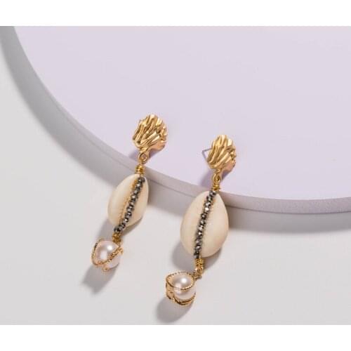 Minar 2021 Hot Sale Natural Shell Pendant Earring for Women Gold Color Alloy Long Crystal Chain Drop Dangle Earrings Brincos
