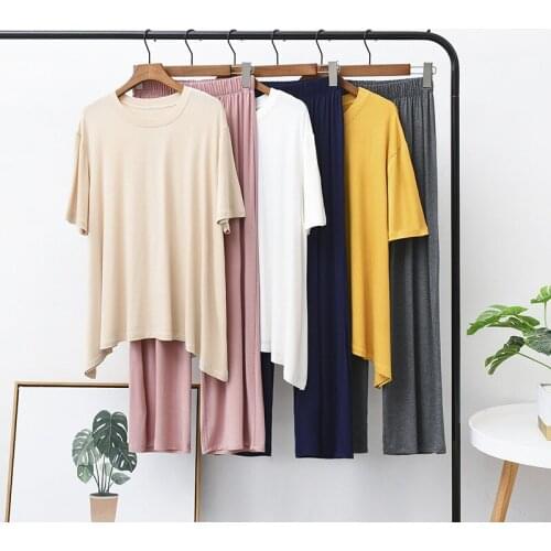 2020 Two Piece Modal Spring And Summer Thin Section Sleepwear Short-Sleeved T-shirt Wide-Leg Pants Womens Nightwear