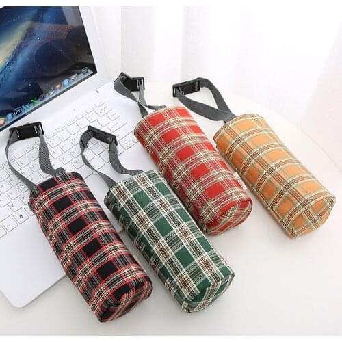 Fashionable Grid Water Cup Protective Case Bottle Insulation Bags Holder Portable Cotton Linen Bottle Holder Cover Bag