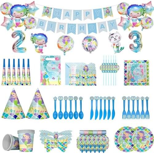 Mermaid Party Disposable Tableware Set Paper Plate Cup Banner Kids Happy Birthday Baby Shower Girl Decoration Supplies