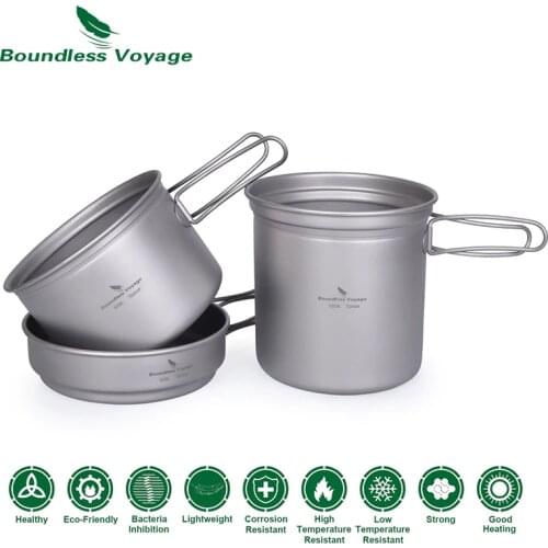 Boundless Voyage Titanium Pot Pan Set with Folding Handle Outdoor Camping Soup Pot Bowl Frying Pan Mess Kit Picnic Cookware