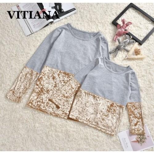 Mommy and Daughter Matching Clothes Autumn Spring 2021 Mother Girl Velvet Long Sleeve Gray Pullovers Casual Tshirt Kids Clothing