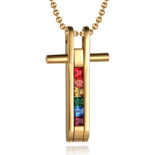 Stainless steel Rhinestone Gold-color pendant Necklace for Men Women Gay Pride Rainbow Choker Necklace LGBT Cross Jewelry Gift