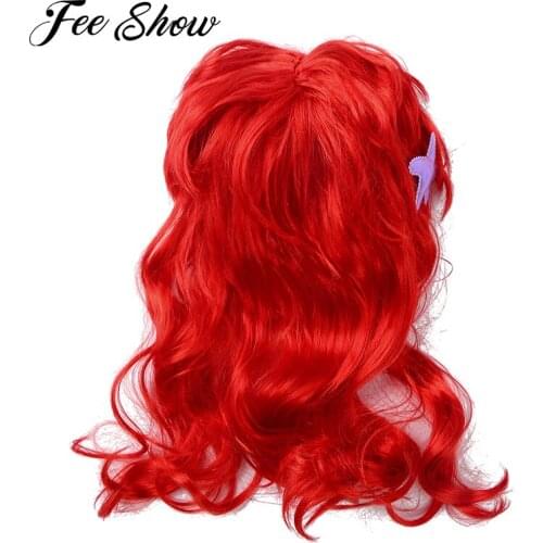 Red Kids Girls Princess Mermaid Wigs Synthetic Hair Headwear for Halloween Costume Cosplay Accessories with Starfish Hair Clip