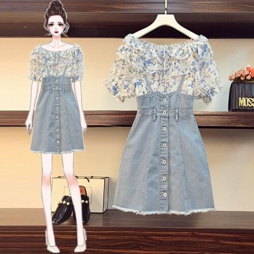 Plus Size 4XL Women Clothing Suit 2021 Summer Chiffon Floral Blouse+Buttons Denim Strap Dress 2 Piece Set Streetwear Vestidos