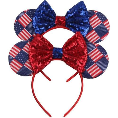1PC Retail 5'' Glitter Sequin Bow Hairband Independence Day 3.3'' Flag Pattern Mouse Ears Headband For Kid DIY Hair Accessories