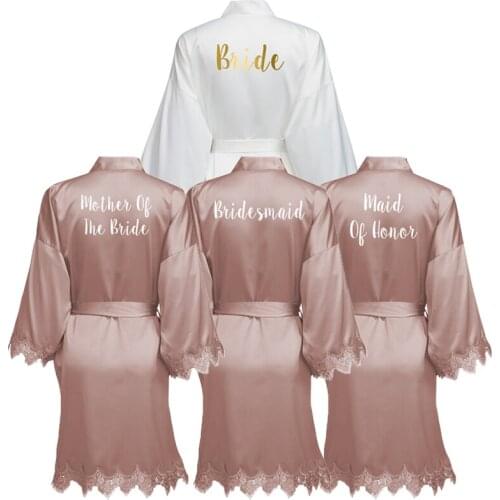 Rose Gold Bridesmaid Robes Matt Satin Lace Robe with Trim Gown Kimono Bride Robe Women Bridal Wedding Robes White