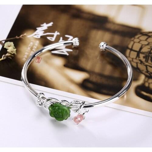 Silver S925 Pure Silver Natural Jasper Rose Rose Tourmaline Lotus Flower Lady Bracelet Wholesale