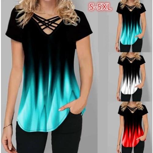 Tie Dye Gradient Print T Shirt Women Short Sleeve V-Neck Cross Top 5XL Plus Size Female T Shirts Casual Tops Summer 2021 New