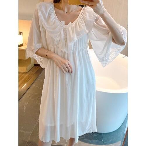 Nightdress women summer pure cotton fairy princess wind and western style lace jumpsuit with chest pad palace sexy pajamas