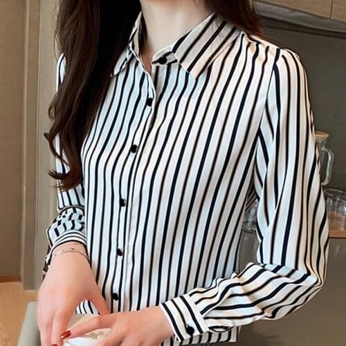 Blouse Women Blusas Mujer De Moda 2021 Turn Down Collar Striped Office Blouse Women Tops Long Sleeve Chiffon Blouse Shirt B833