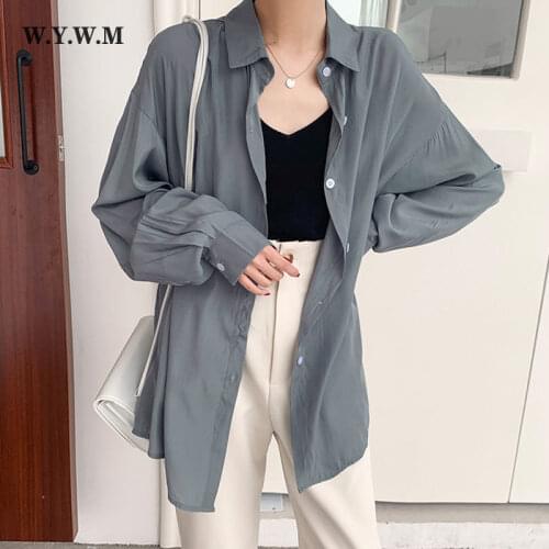 WYWM Summer Thin Basic Women Shirts Button Loose Long Sleeve Casual Feminine Top White Turn-down Collar Korean BF Female Blouse