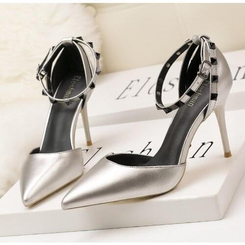 Women pumps PU Slip On 9CM Thin Heels High heels Pointed Toe rivet Shallow shoes for women women shoes 2020 size 35-42 black