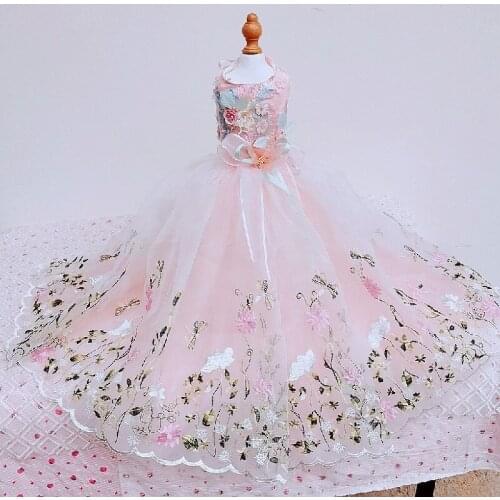 Handmade Princess Dog Dress Wedding Gown Pet Clothes Simple Design Trailing Evening Party 3D Flowers Embroidery Skirt Yorkie