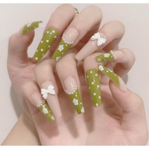 24pcs Pastoral Style French Florets Fake Nails Full cover Fake Nails Glue DIY Manicure Nail Art Tools