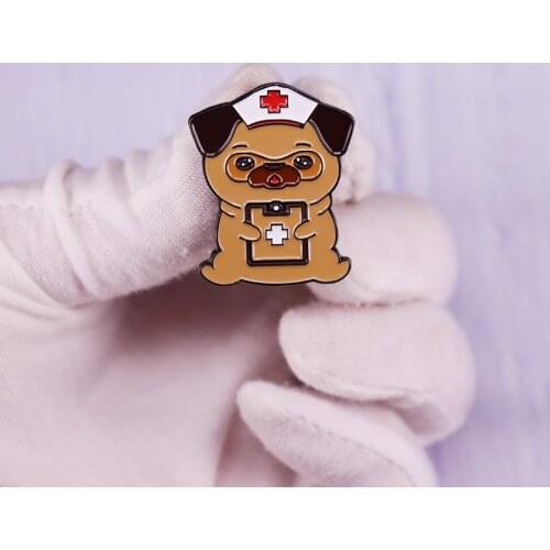 Cute Pug Dog First Aid Enamel Pin Red Cross Emergency Medical Brooch Cartoon Animal Badge Novelty Funny Jewelry Decor