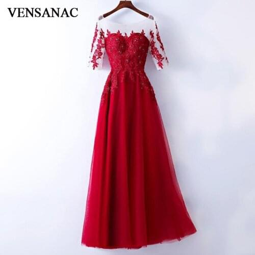 VENSANAC 2018 O Neck Crystal Appliques A Line Long Evening Dresses Elegant Lace Half Sleeve Backless Party Prom Gowns