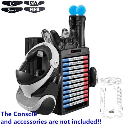 For Playstation 4 PS4 Pro Slim PS Move PS VR Collection Vertical Stand,Charging Dock,Cooling Fan,Hook,Game Discs Storage Tower