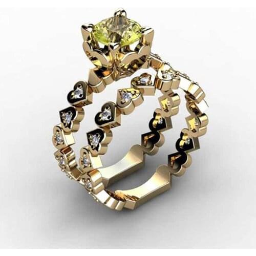 Hainon Fashion Gold Color Rings Jewelry Yellow Crystal Cubic Zrconia Rings For Women New Luxury Wedding Party Heart Ring Sets